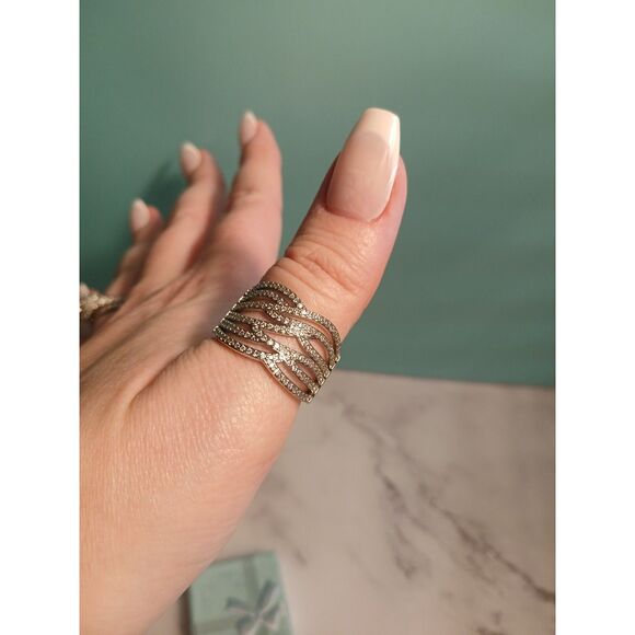 Rhodium-Plated Cubic Zirconia Criss-Cross Wide Band Cocktail Ring - Picture 10 of 11